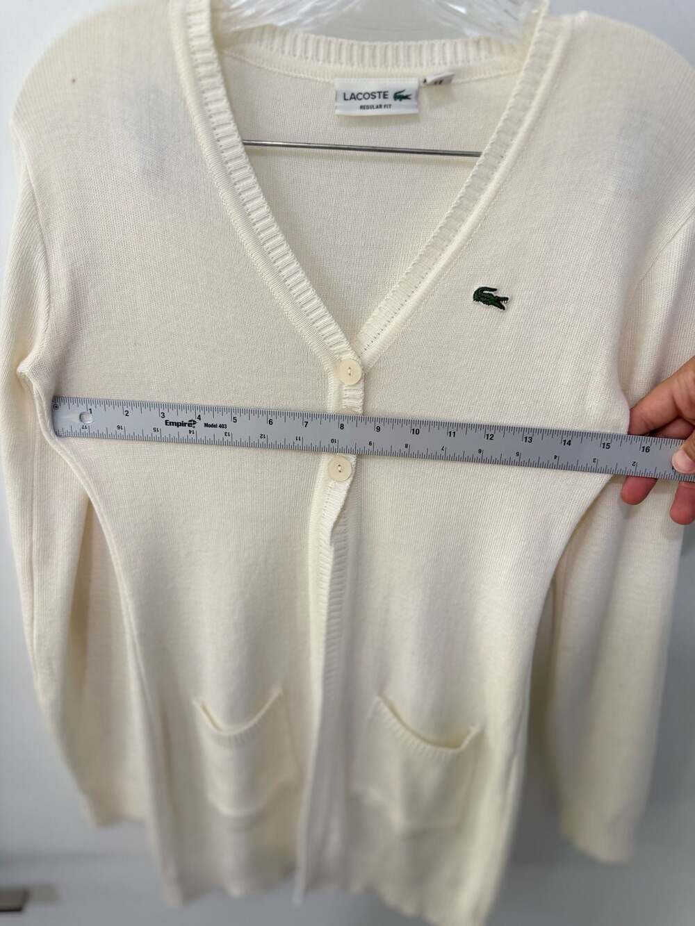 Lacoste Women's Regular Fit Organic Cotton V-Neck Cardigan White - Picture 9 of 9
